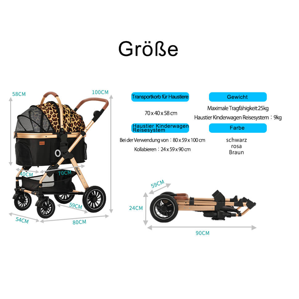 2-in-1-Haustier-Kinderwagen, abnehmbare Haustierbox mit Muster, Klapprahmen mit Aufbewahrungskorb-Netzfenster, Tragfähigkeit 20 kg