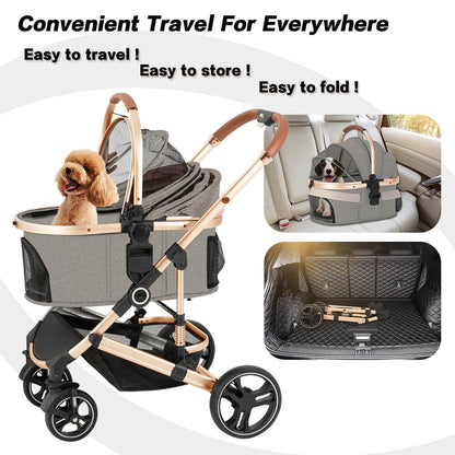 Zusammenklappbarer Haustier-Kinderwagen, Haustierbox, 2-in-1-Haustier-Kinderwagen mit Netzfenster und Aufbewahrungskorb, wasserdicht, belastbar bis zu 20kg