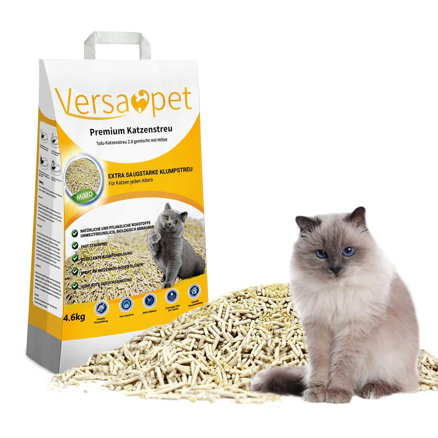 VERSAPET Katzenstreu Tofu-Katzenstreu 2.0 gemischt mit Millet,(4 x 10 Liter/4.6 kg, 4-tlg., Bio-Öko-Katzenstreu), Klumpstreu für Katzenklo, Cat Litter, feste Klumpenbildung