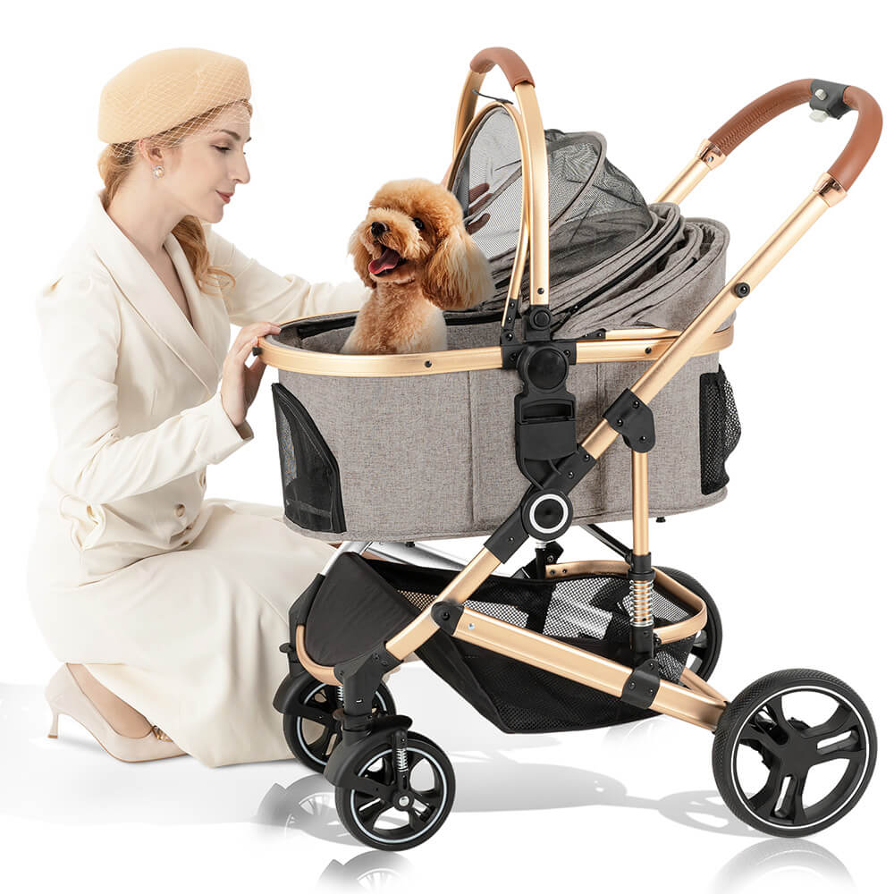 Zusammenklappbarer Haustier-Kinderwagen, Haustierbox, 2-in-1-Haustier-Kinderwagen mit Netzfenster und Aufbewahrungskorb, wasserdicht, belastbar bis zu 20kg