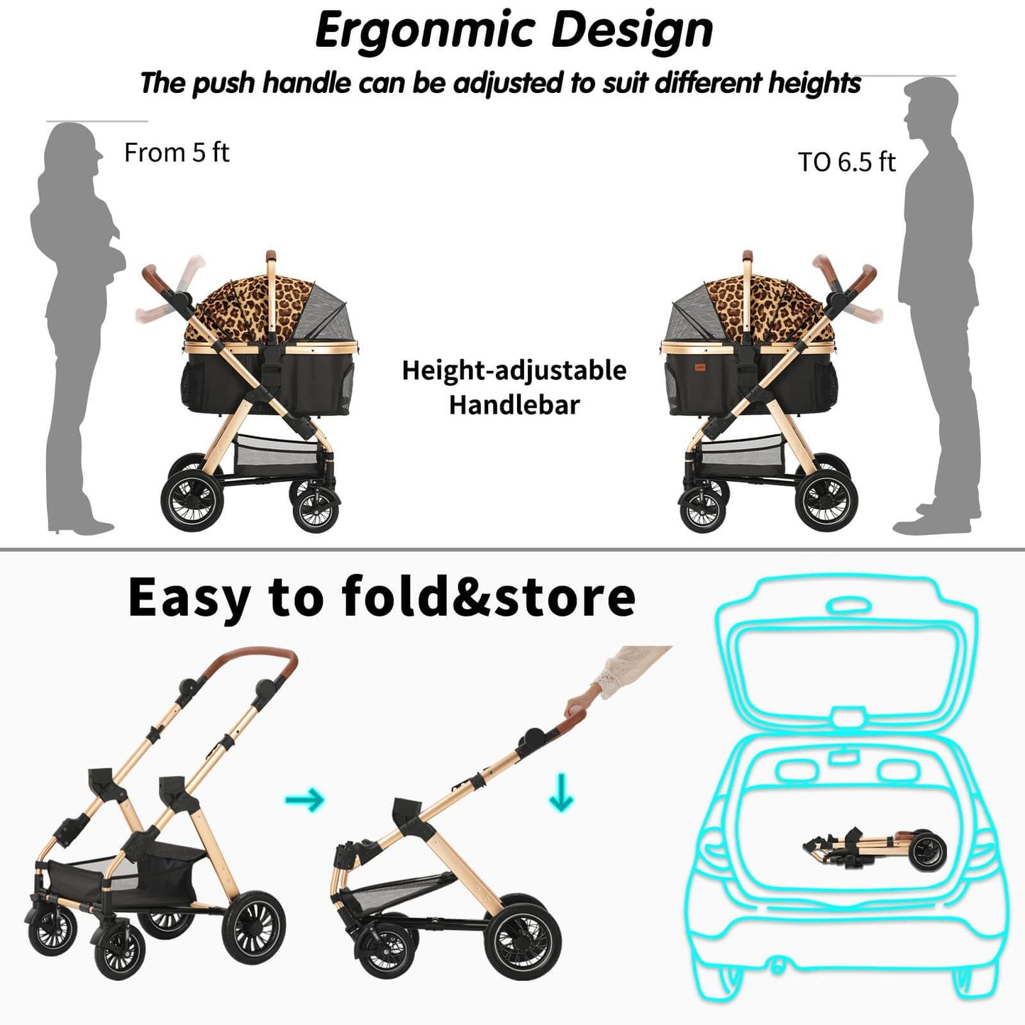 2-in-1-Haustier-Kinderwagen, abnehmbare Haustierbox mit Muster, Klapprahmen mit Aufbewahrungskorb-Netzfenster, Tragfähigkeit 20 kg