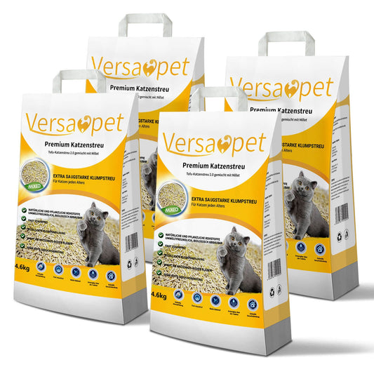 VERSAPET Katzenstreu Tofu-Katzenstreu 2.0 gemischt mit Millet,(4 x 10 Liter/4.6 kg, 4-tlg., Bio-Öko-Katzenstreu), Klumpstreu für Katzenklo, Cat Litter, feste Klumpenbildung